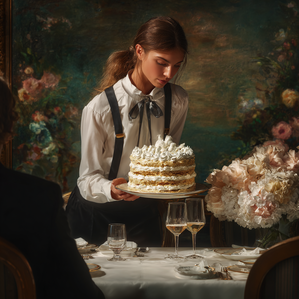 kelnerka niesie tort komunijny